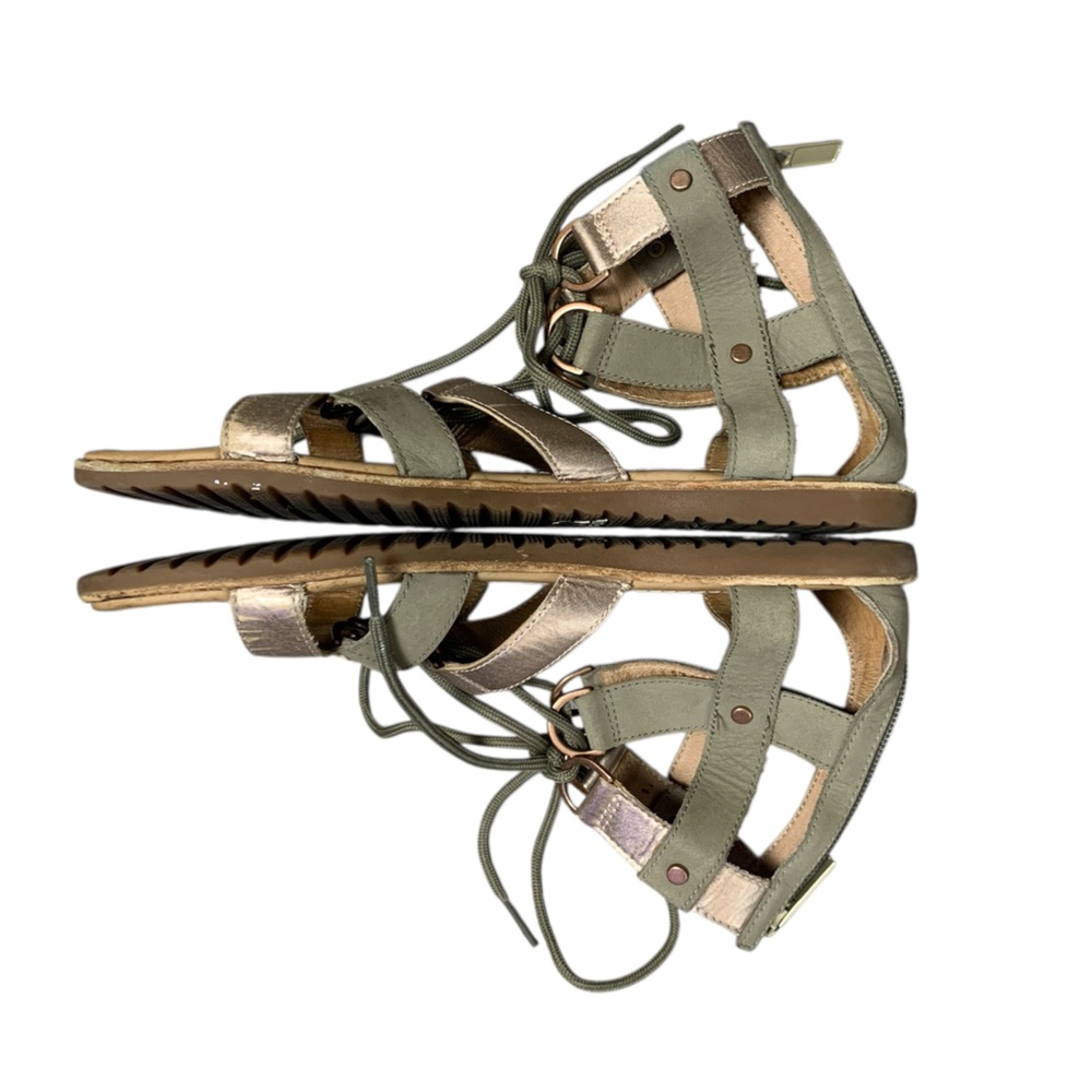 Sorel Ella Lace Up Green Gold Gladiator Sandals NL3200-365 Womens 8.5